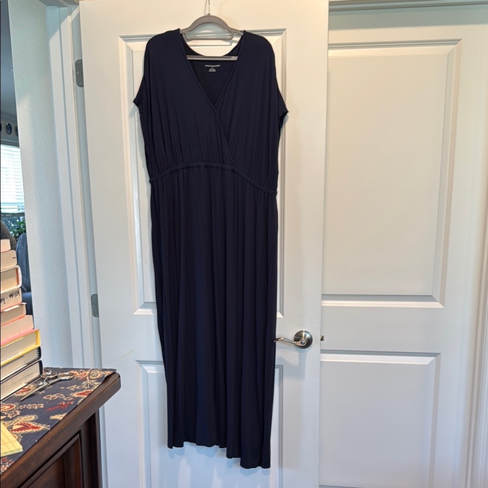 Navy 2X Jersey Cap-sleeve Maxi Dress